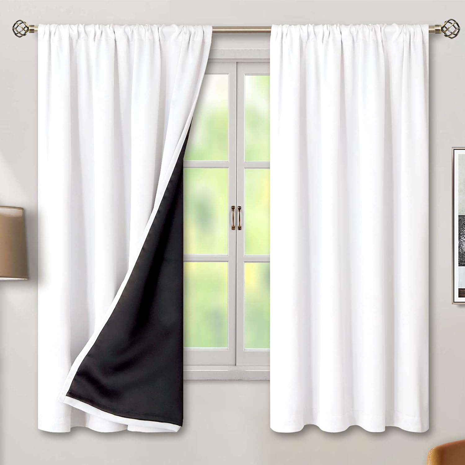 BGment White Blackout Curtains for Bedroom 63 Inch Long Thermal Insulated Black Out Curtains Room Darkening Soundproof Rod Pocket Window Curtains for Living Room Each Drape Panel 52 Inch Wide