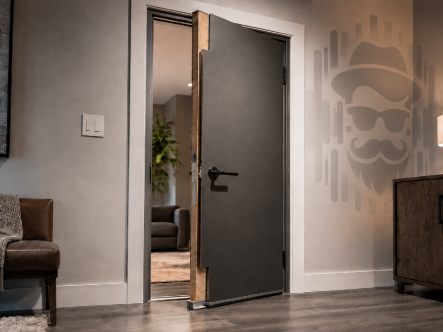 Solid-core soundproof door with exposed dense core and perimeter sealing