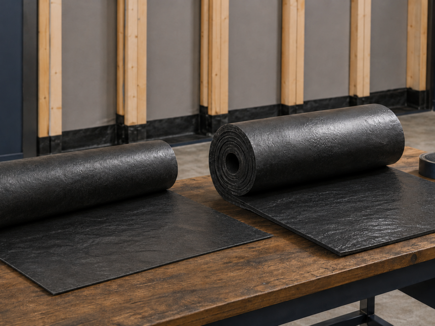 Two flexible sound-isolation membrane rolls representing AcoustiBlok Blok16 and Blok32 beside an exposed stud wall