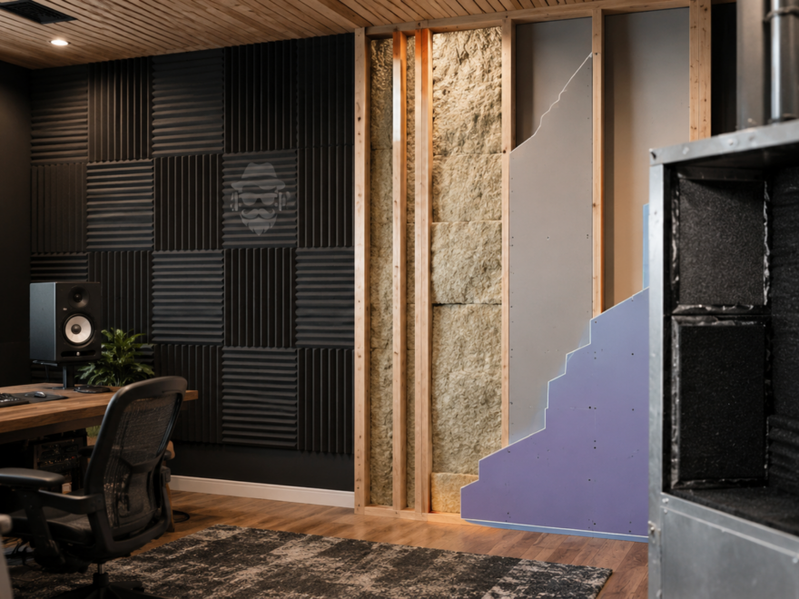 Sound-treated room with acoustic panels and an insulated soundproof wall assembly