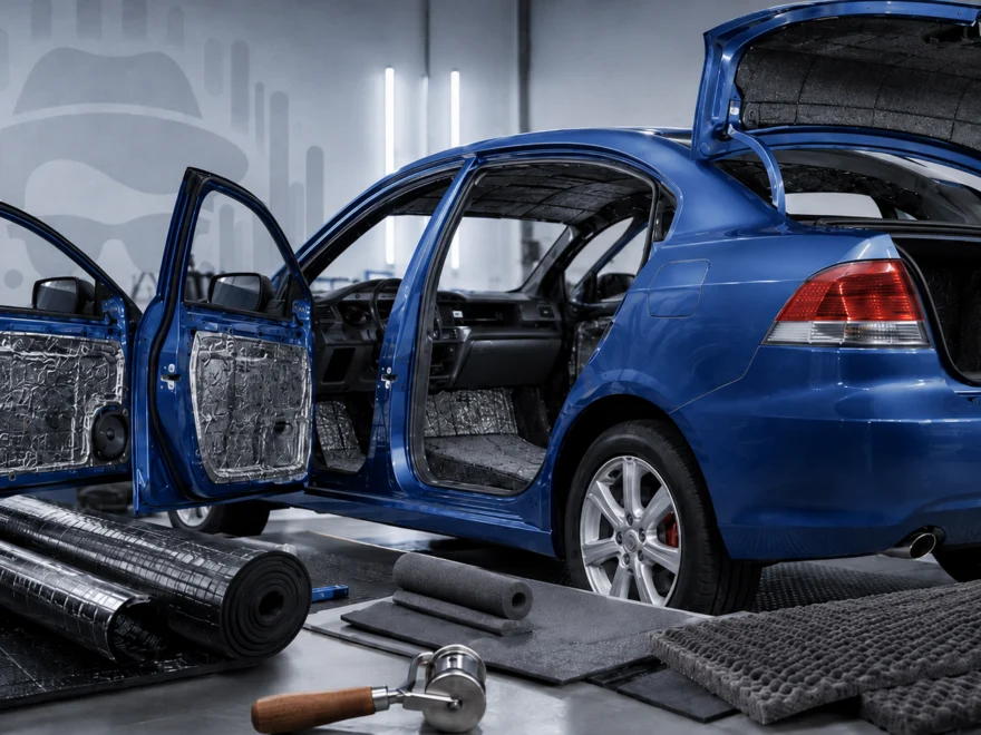 Blue car interior being soundproofed with insulation and sound deadening material