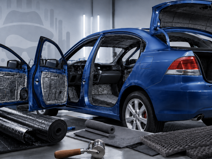 Blue car interior being soundproofed with insulation and sound deadening material