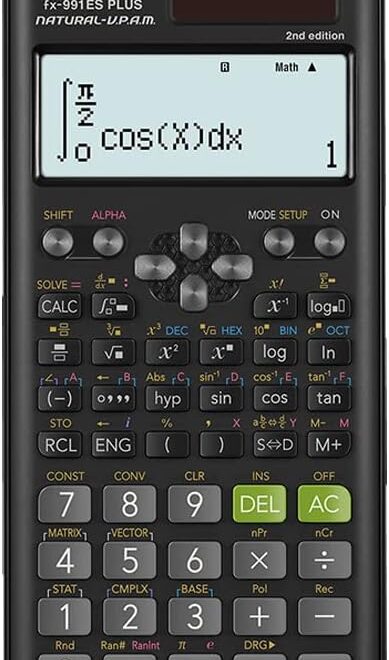 Casio FX-991ES Plus 2nd Edition scientific calculator displaying an integral equation on its Natural Textbook Display screen, featuring a full keypad with advanced mathematical functions.