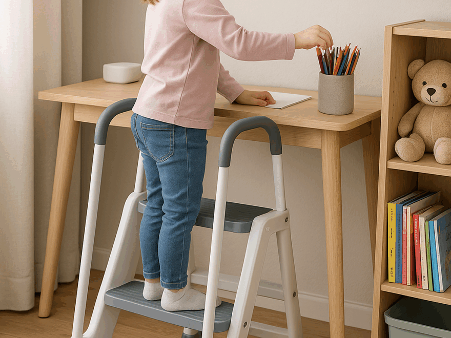 Young girl standing on a three-step white and gray toddler stool, reaching for colored pencils on a wooden desk in a cozy study corner with acoustic panels and a bookshelf featuring a teddy bear and children's books.