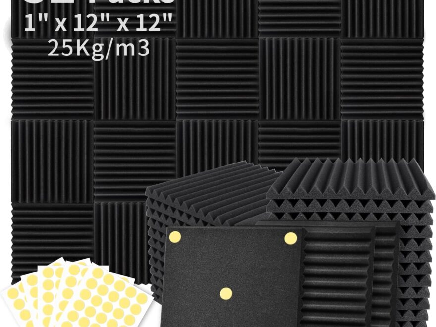 Focusound 52 Pack Acoustic Foam Panels 1" x 12" x 12" Sound Proof Foam Panles Soundproofing Noise Cancelling Wedge Panels for Home Office Recoding Studio with 300PCS Double-Side Adhesive