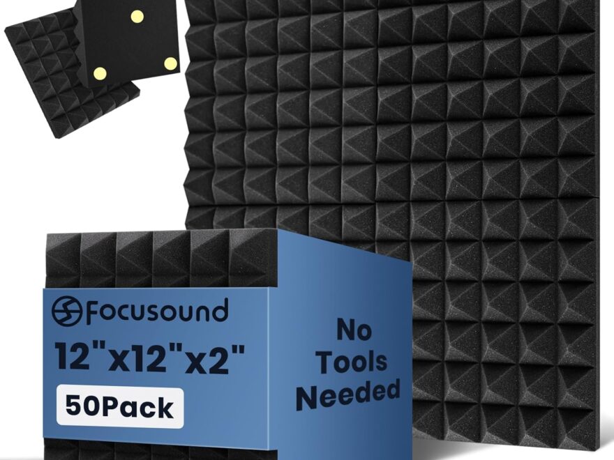 Focusound Acoustic Panels 50 Pack 2"x12"x12" with Double-Side Adhesive for Home Studio Sound Absorption and Echo Control