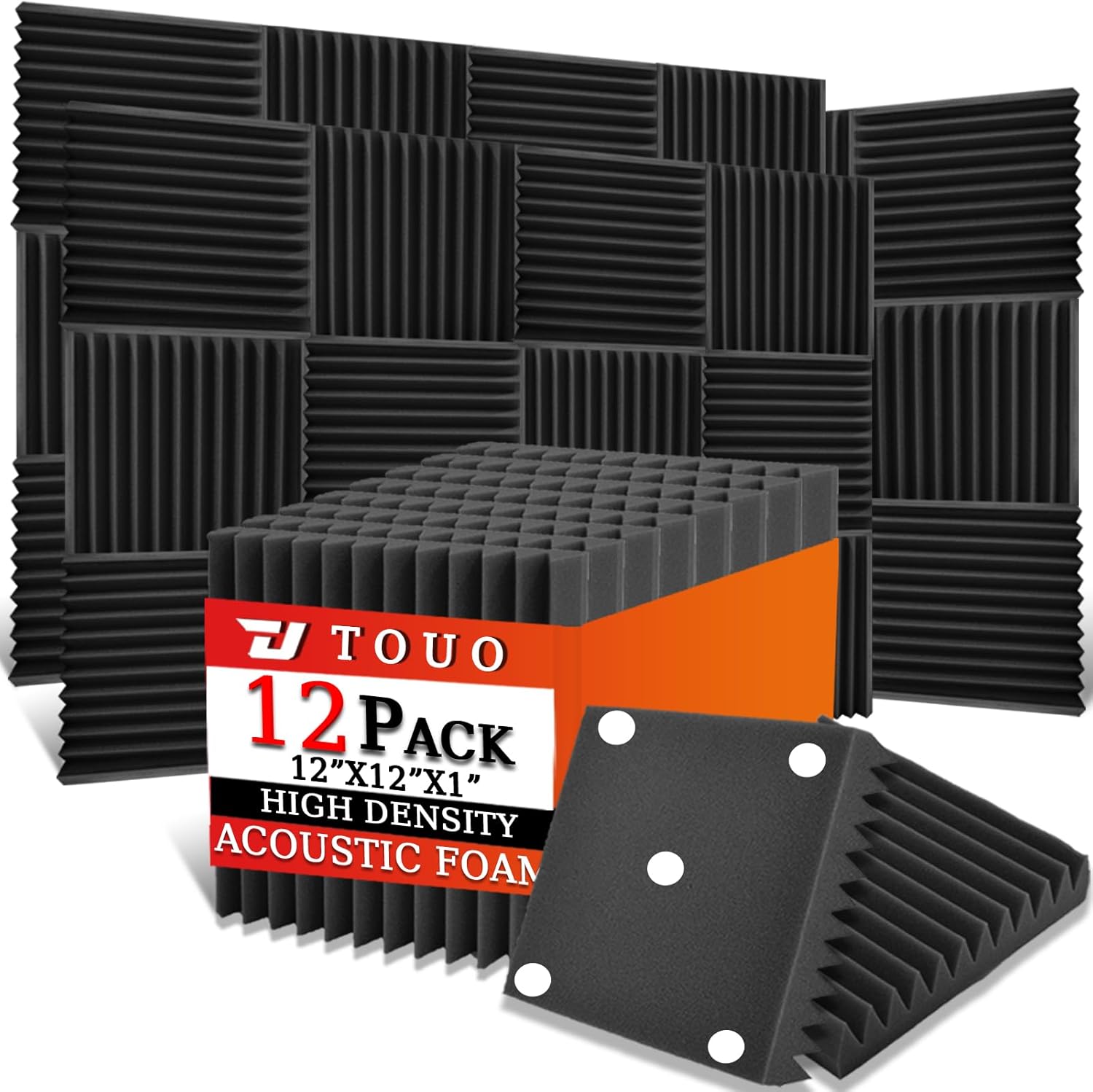 TOUO 12 Pack Acoustic Panels 12"x12"x1" Flame Retardant Wedge Acoustic Foam for Home Studio Sound Absorption