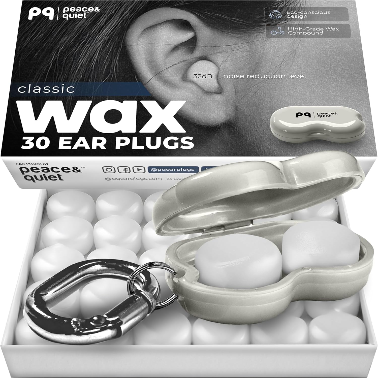 Peace Quiet PQ Wax Ear Plugs for Sleeping 30 Silicone Wax Earplugs Sound Blocking Level of 32 Db White