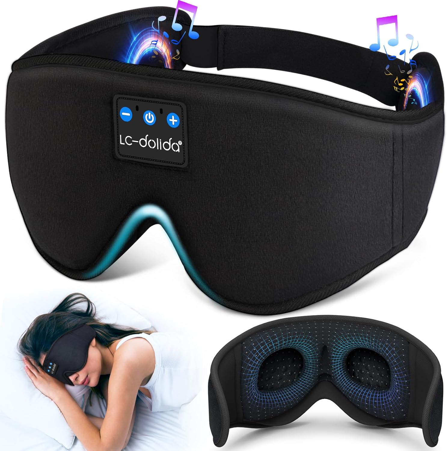 LC-dolida Sleep Headphones 3D Sleep Mask Bluetooth Wireless Music Eye Mask for Side Sleepers