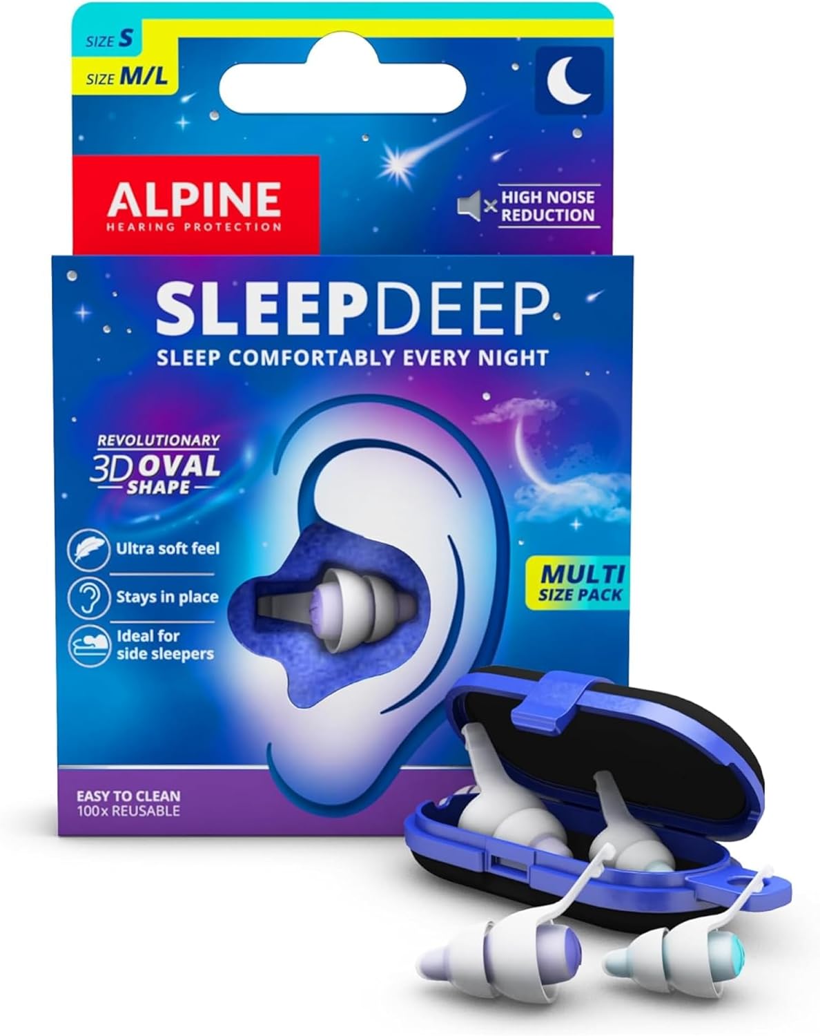 Alpine SleepDeep Multisize Soft Ear Plugs 27dB Noise Reducing Gel and 3D Oval Shape for Side Sleeper