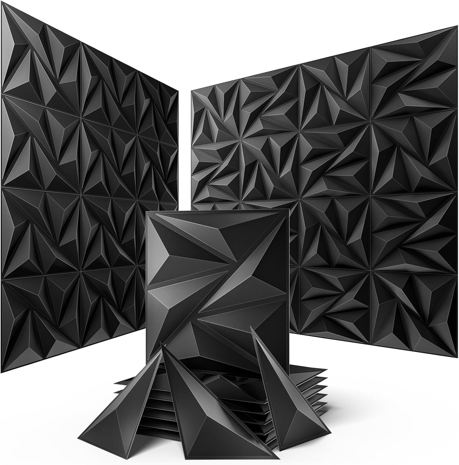Sonicism Wall Panels Upgrade 16 Pack Pyramid 3D Wall Panels Creative Cutting PVC Wall Panels for Interior Wall Decor Fire Resistant Wall Tiles for Various Scenes Charcoal Black