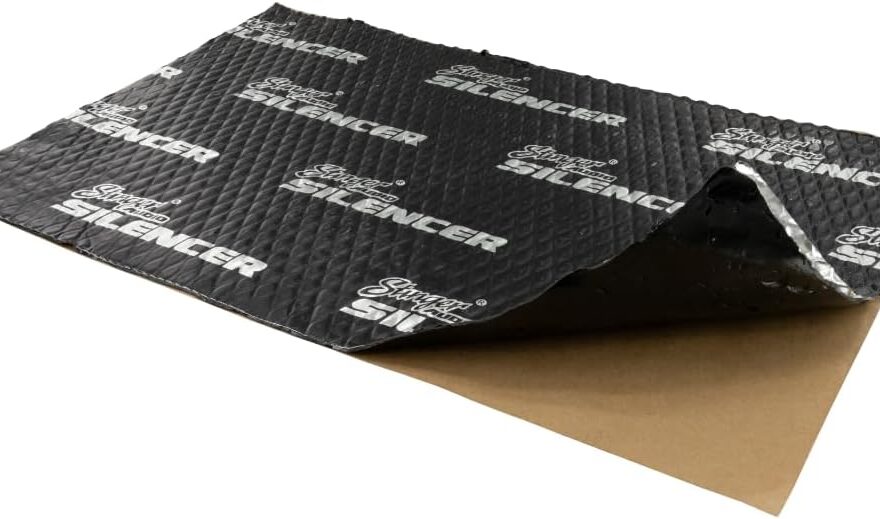 Stinger Audio Silencer 80 mil car sound deadening material sheet with black textured foil surface and peel-and-stick backing paper