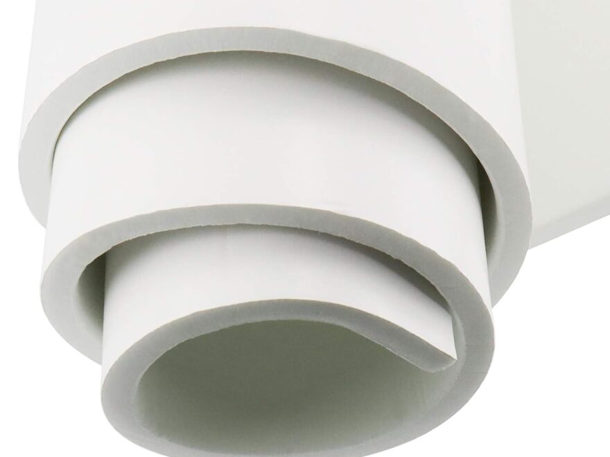 Storystore foam insulation neoprene sheet roll, white closed cell rubber with adhesive backing, layered edges showing thickness