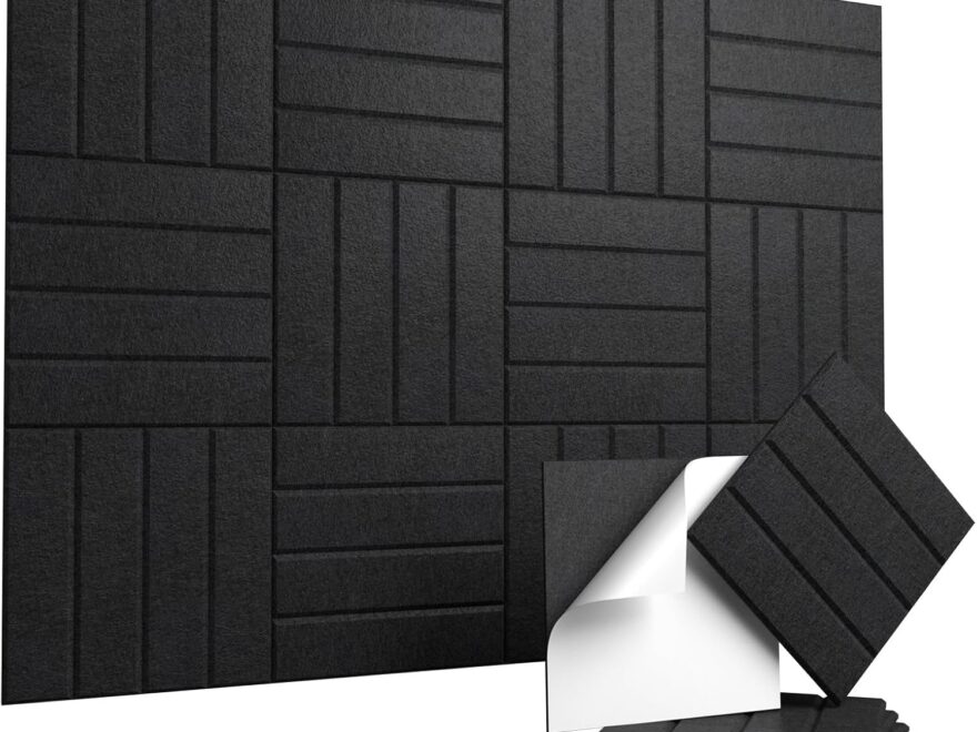 Vieshful self-adhesive acoustic wall panels in black textured felt, square soundproof tiles with peel-and-stick backing