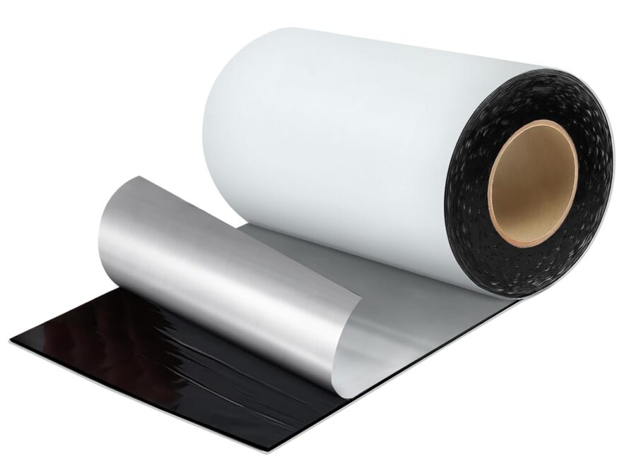 GripRite SL154250LWE synthetic roofing underlayment roll, white printed sheet partially unrolled.