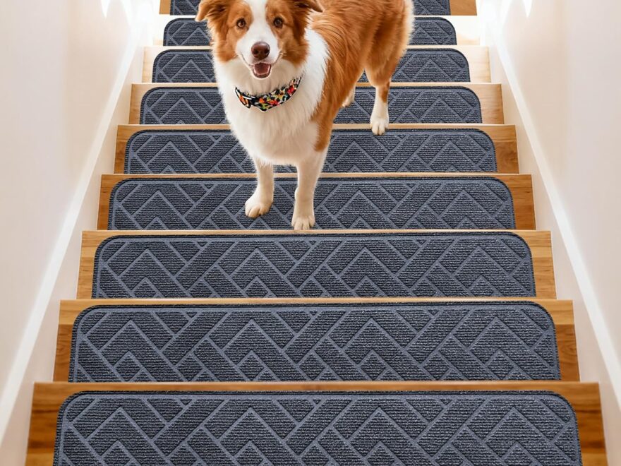 Bolinker Non Slip Stair Treads for Wooden Steps, gray textured mats on wood stairs with rounded corners