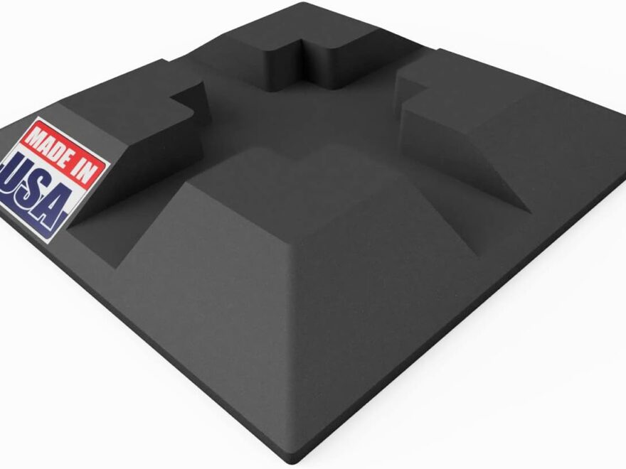 USA Made foundation block for deck support, black textured base with raised cross-shaped support channels