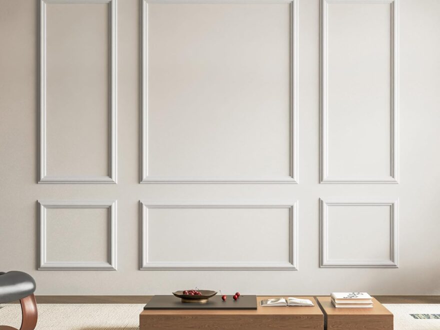 Art3d pre-cut wall molding set for ready-to-assemble wainscoting, white rectangular trim panels on a living room wall
