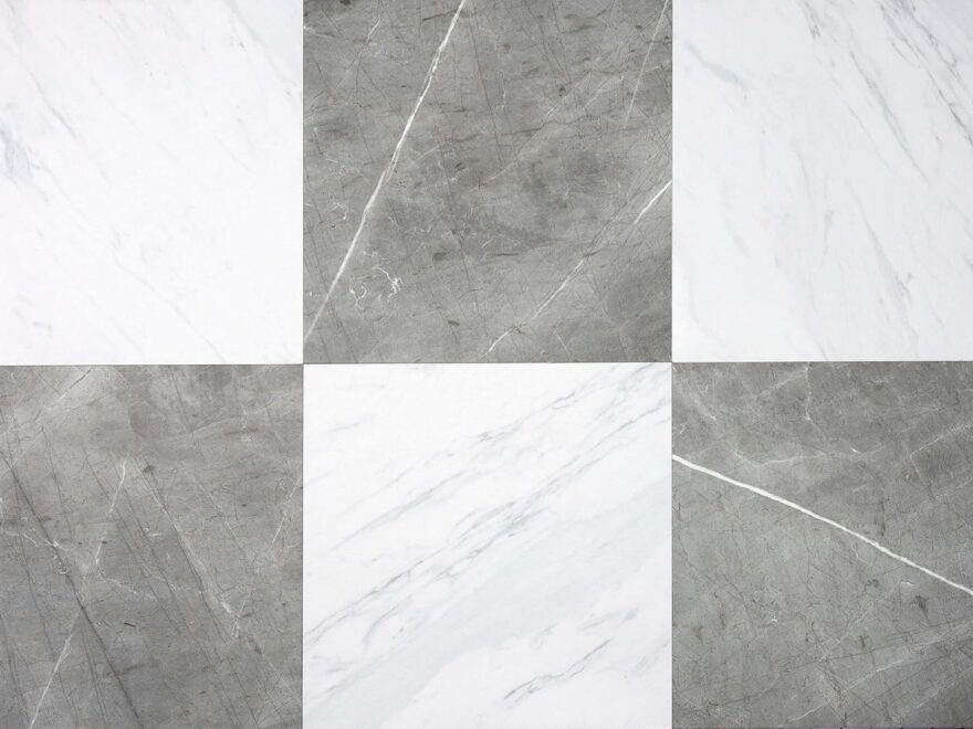 FloorPops x Chris Loves Julia Bonneville peel-and-stick floor tiles with grey and white marble square pattern