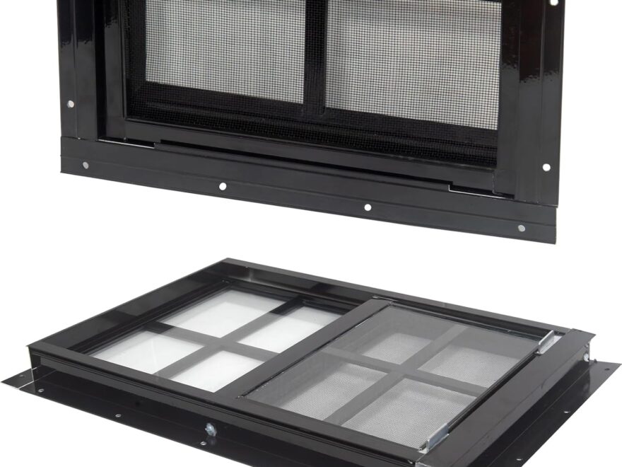 Yuzzy 24 x 36 shed window with black frame, tempered glass panes, mesh screen, and mounting flange
