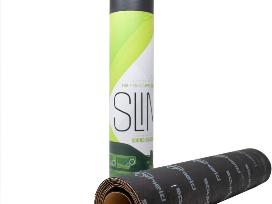 SoundShield SSD-Slim sound deadening sheeting thinner profile roll with black textured backing and branded product tube packaging