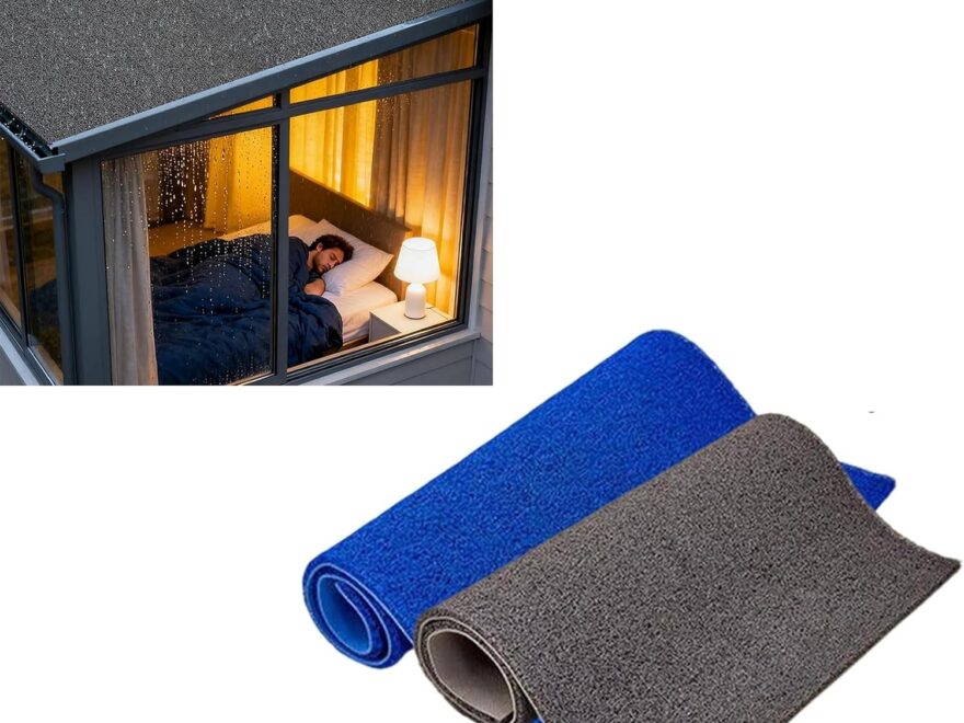 Outdoor roof soundproofing mat rolls with gray textured surface and blue backing, shown for rain canopy balcony sheet use