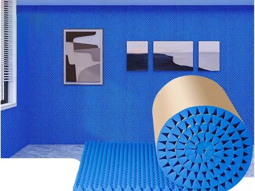 Blue self-adhesive noise insulation soundproofing foam acoustic mat roll with textured wedge surface and backing paper