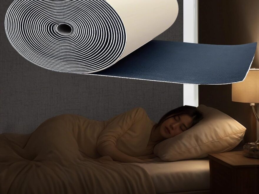 Acoustic foam panels for sound treatment noise floor mat roll with black textured surface and light backing, shown beside a bed