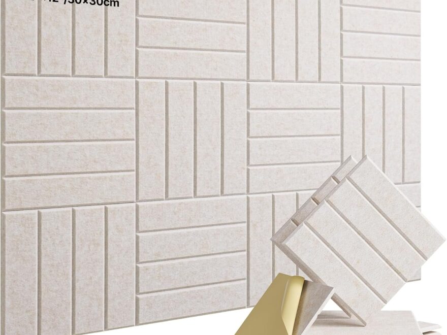 12 Pack Self-Adhesive Acoustic Panels for Walls and Ceilings in beige square tiles with textured slat pattern and peel-and-stick backing
