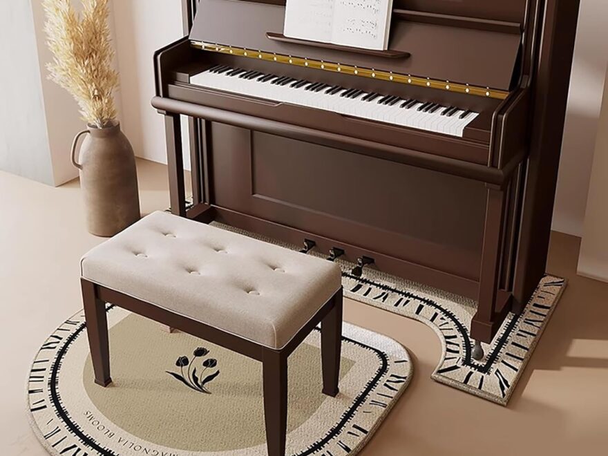 Soundproof rug non-slip carpet for acoustic dampening under an upright piano and bench, piano-shaped with keyboard border