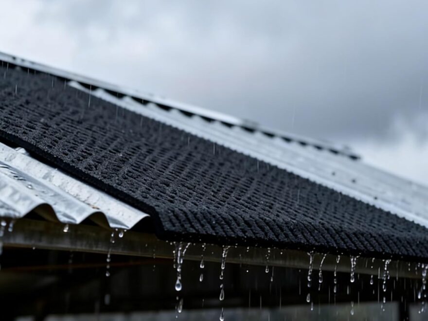 Rain Noise Blocker soundproofing mat, black textured strip installed along a metal roof or awning edge in rainy conditions