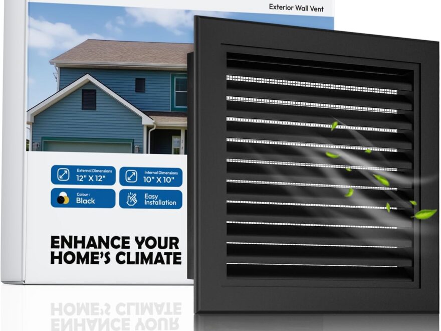 Zepoty 12 x 12 gable vent with screen, black square louvered exterior wall vent shown with product packaging