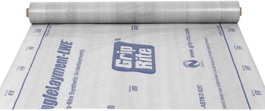 GripRite SL154250LWE synthetic roofing underlayment roll, white printed sheet partially unrolled.
