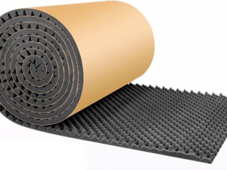 Black noise insulation soundproofing foam acoustic mat roll with textured egg-crate surface and peel-off backing paper