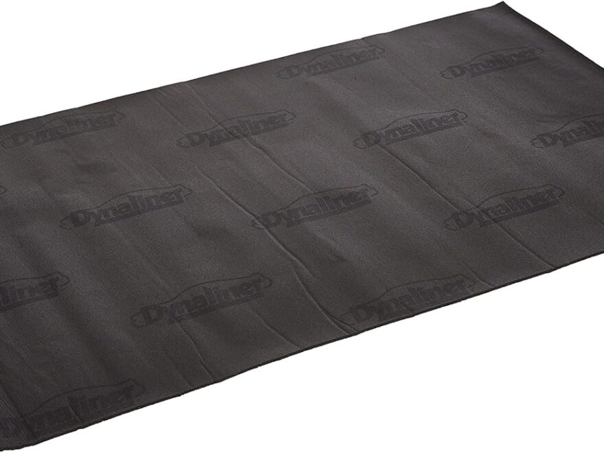 Dynamat Dynaliner 1/4-Inch self-adhesive sound deadener sheet with black textured surface and branded backing