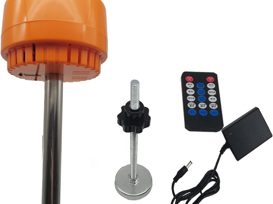 Upstairs Noise Reduction Soundproofing Mat shock and beat type tester with orange impact head, metal rod stand, remote control and power adapter