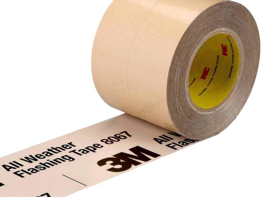 3M All Weather Flashing Tape 8067 roll with tan adhesive surface and printed backing paper for windows and doors