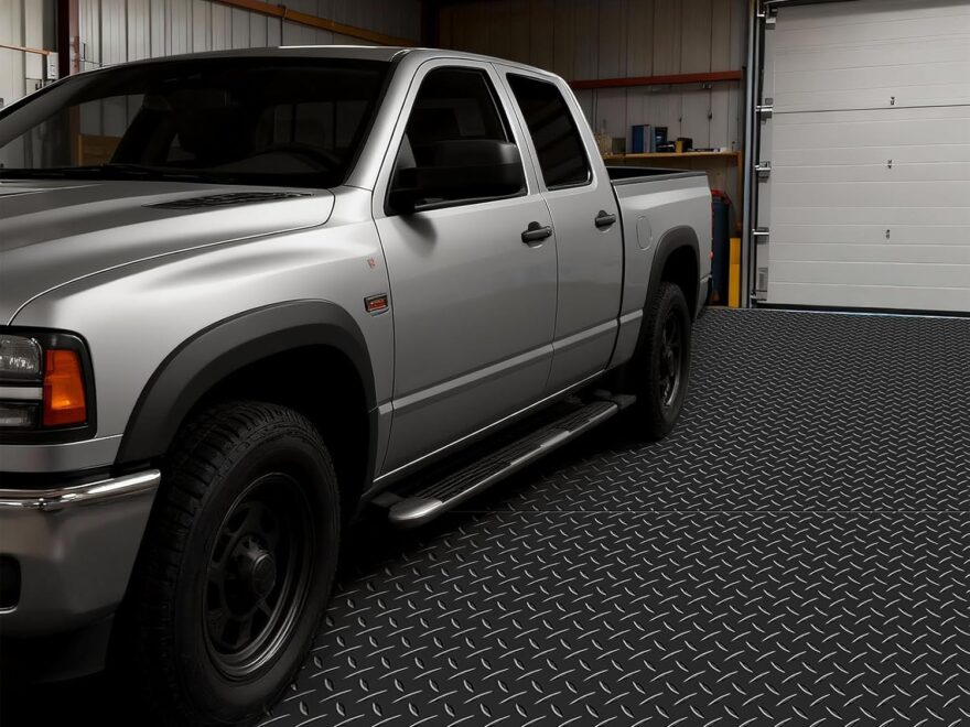 VEVOR Garage Floor Roll 4 x 7 ft heavy-duty PVC floor mat with black diamond-plate texture under a silver pickup truck