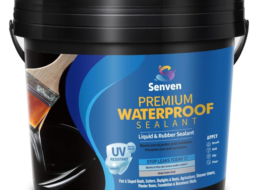 Waterproof sealant black coating in a round pail with blue label and handle for roof, gutter, and wall leak repair