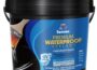Waterproof sealant black coating in a round pail with blue label and handle for roof, gutter, and wall leak repair