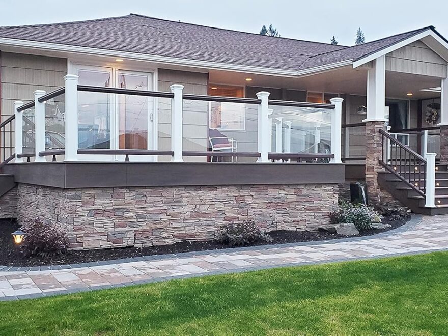 GenStone Faux Stacked Stone Outside Corner Panel with layered stone finish on a home porch base and stair corners
