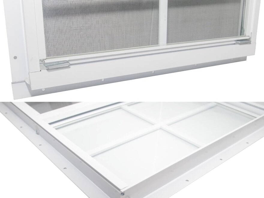 NeatiEase 2 Pack Shed Window with tempered glass screen, white rectangular frame, mesh panel, and mounting flange