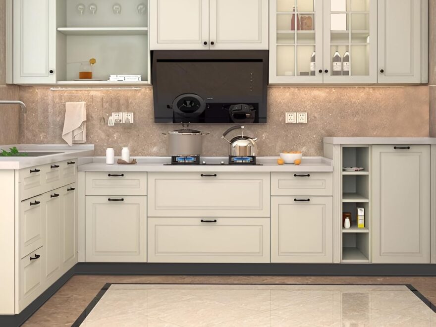 Flexible vinyl wall baseboard molding trim, black finish installed along kitchen cabinets and floor