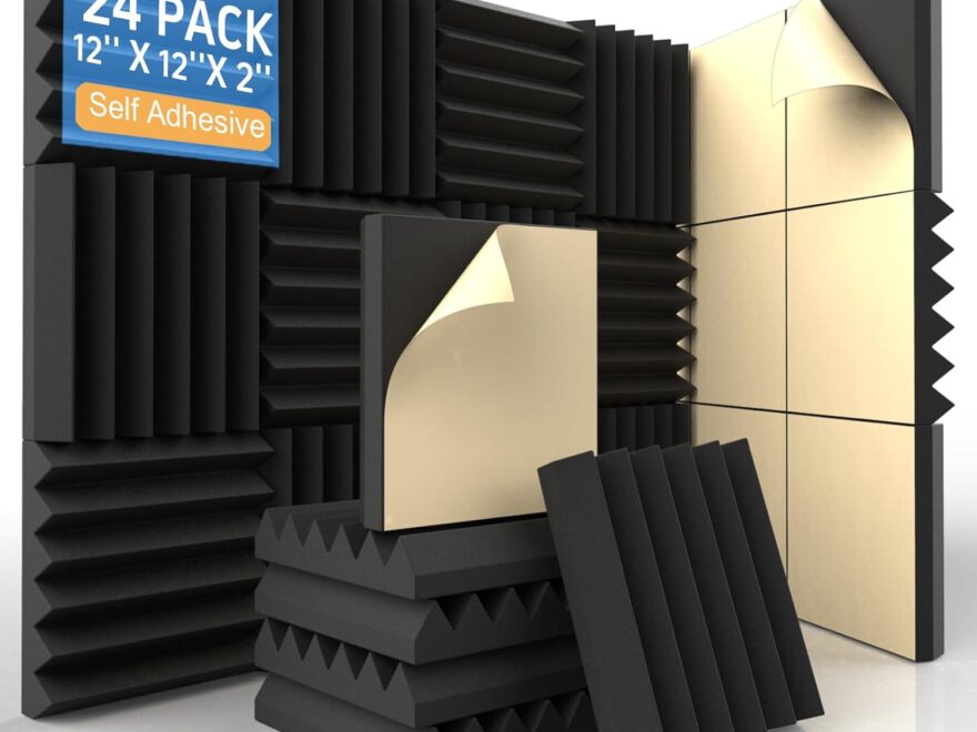 24-pack self-adhesive acoustic foam panels, black wedge soundproof wall tiles with peel-and-stick backing paper