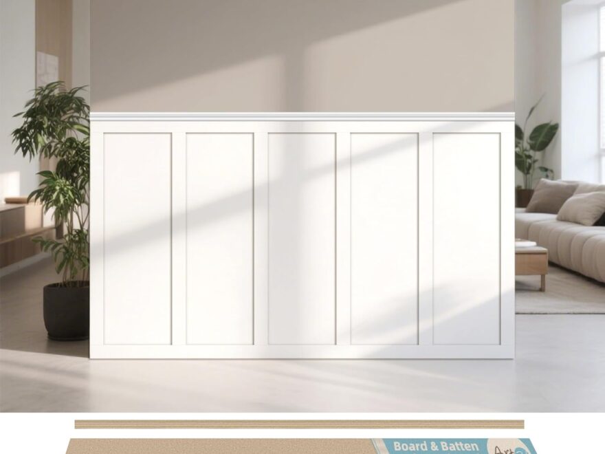 Art3d Premade Board and Batten Wainscoting Kit with white vertical wall panels and stacked boards for accent walls