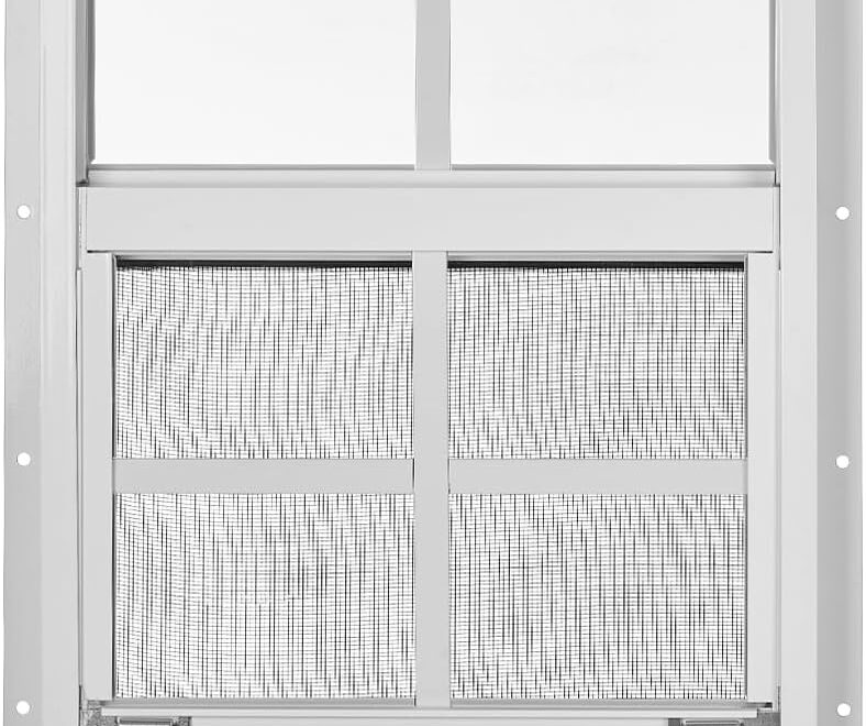 Garvee 12 x 18 shed window with white frame, grid panes, screen panel, mounting flange, and screws