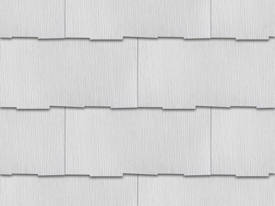 GAF WeatherSide Purity Thatched fiber-cement shingles with white wood-grain texture in staggered rows