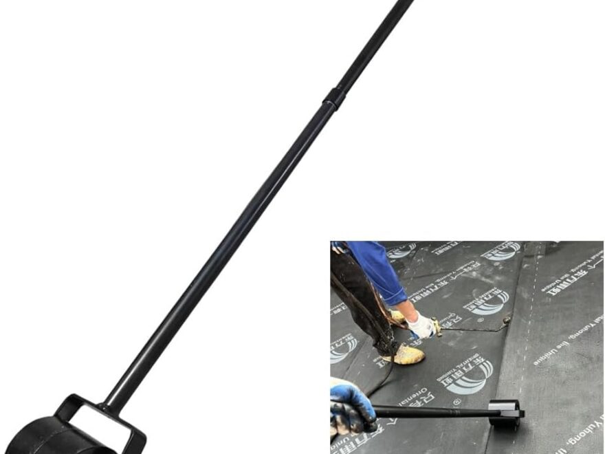 Heavy-Duty Roof Seam Roller for Waterproof Membrane, black metal roller with long handle on peel-and-stick roofing sheet