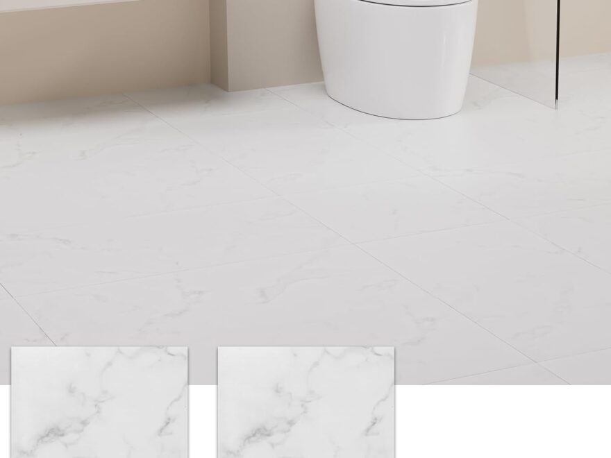 Fablioflo peel and stick floor tile with white marble texture, square tiles shown on a bathroom floor