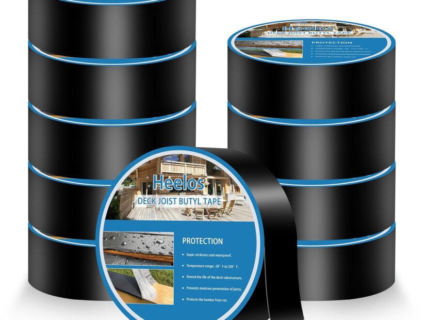 Heelos Joist Tape for Decking 2×50 10 Pack, black adhesive rolls with blue product labels